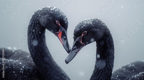Fototapeta Naklejka Na Ścianę i Meble -  Two black swans in love swimming in water