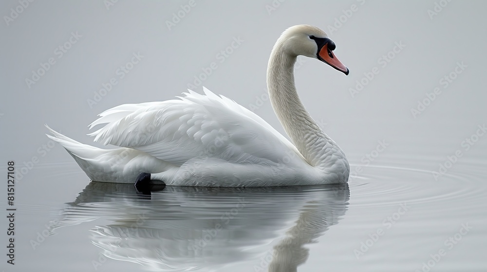 Fototapeta premium White swan swimming on a lake with reflection in the water.