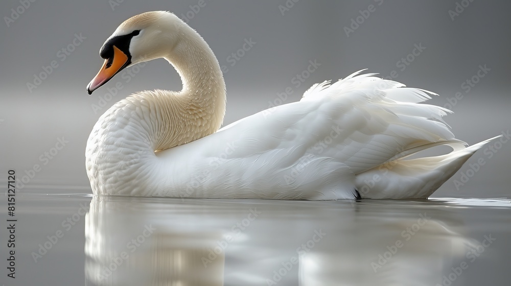 Obraz premium White swan swimming on a lake with reflection in the water.