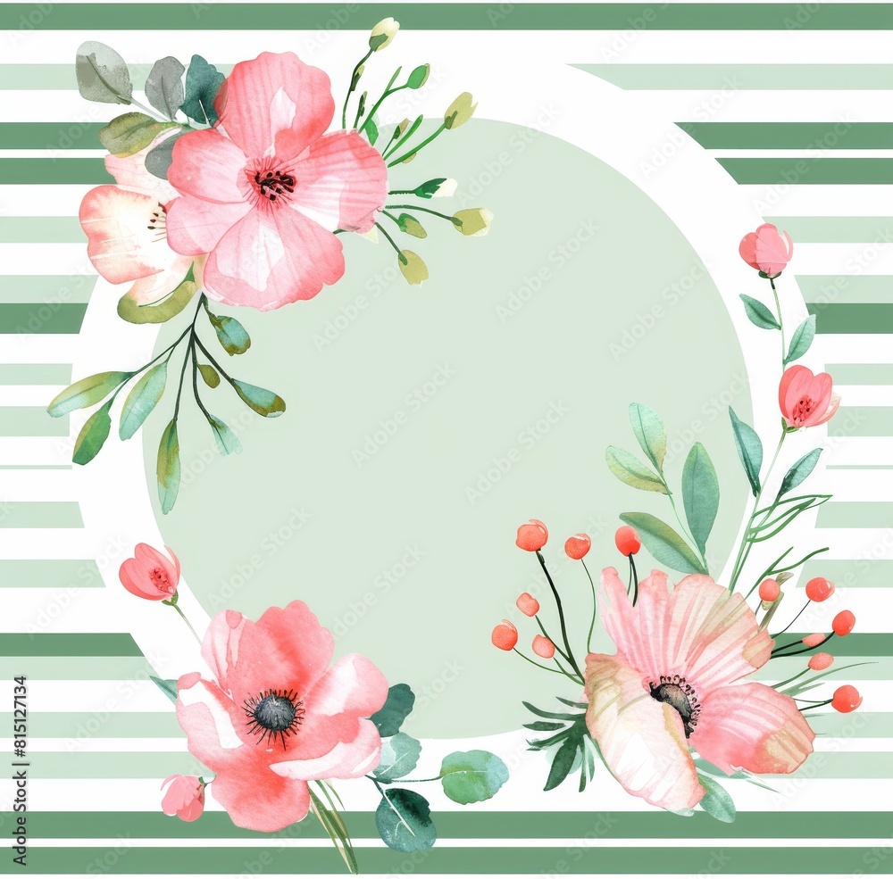 Pink floral frame with stripes, green and pink color palette 