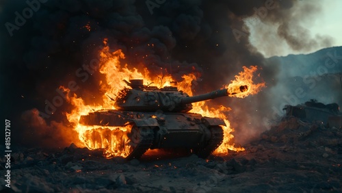 A tank is on fire in a desert. War Concept. Armored vehicles. Tanks battle The fire is so intense that it is almost impossible to see the tank Tank against the background of fire  smoke and explosions