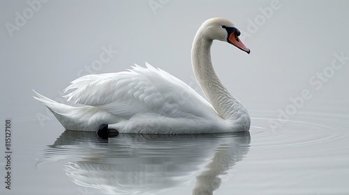White swan swimming on a lake with reflection in the water.