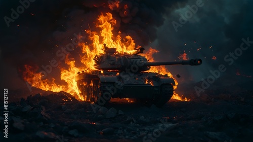 A tank is on fire in a desert. War Concept. Armored vehicles. Tanks battle The fire is so intense that it is almost impossible to see the tank Tank against the background of fire, smoke and explosions photo