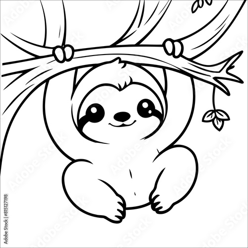 Sloth Hanging lazily from a Tree Vector Coloring page for Kids