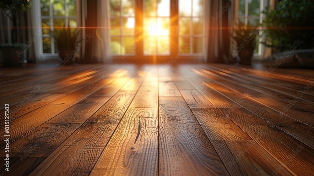 Wooden floor in the room with sunlight shining through the window Wooden floor in the room with sunlight shining through the window
