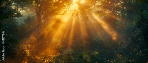 A surreal rainforest landscape with golden sun rays filtering through the trees  transforming the scene into a breathtaking display of nature s splendor