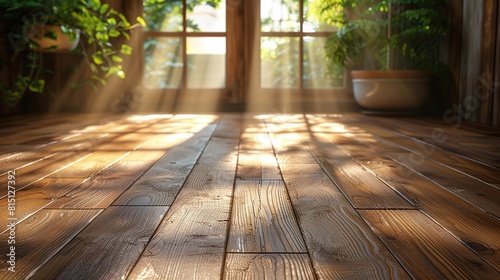 Wooden floor in the room with sunlight shining through the window