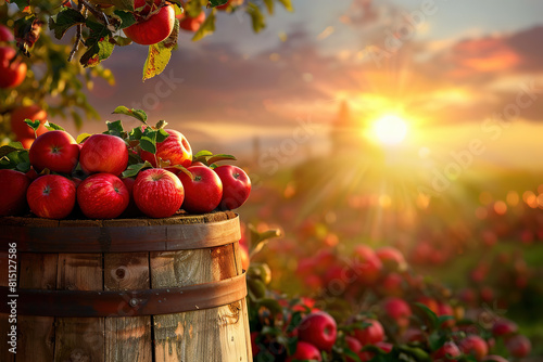 Red apples in a wooden barrel on a tree branch at sunset 