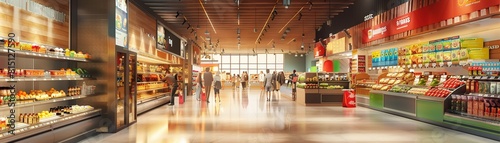 3D supermarket interior with aisles and shoppers,watercolor illustrations
