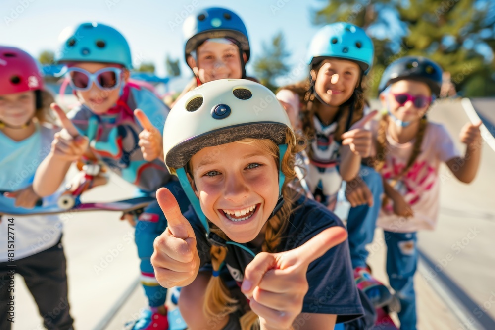 Happy kids at skatepark, thumbs up, active lifestyle Happy kids at skatepark, thumbs up, active lifestyle