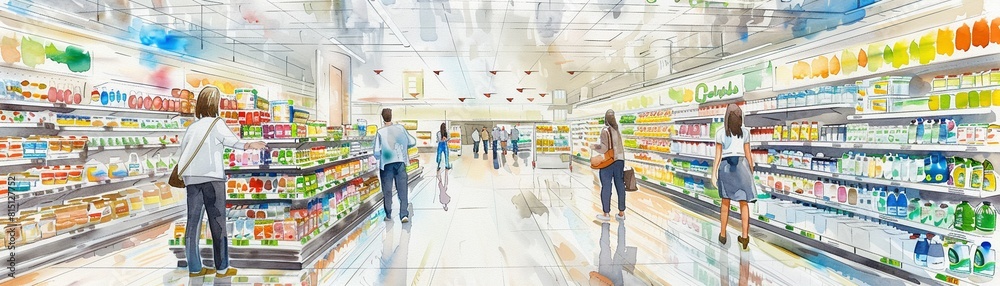 3D supermarket interior with aisles and shoppers,watercolor illustrations