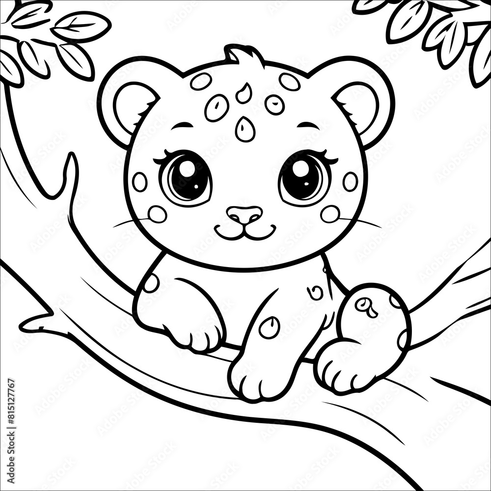 Fototapeta premium Leopard Resting on a Tree Limb Vector Coloring page for Kids