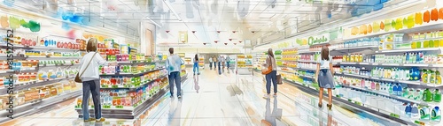 3D supermarket interior with aisles and shoppers,watercolor illustrations