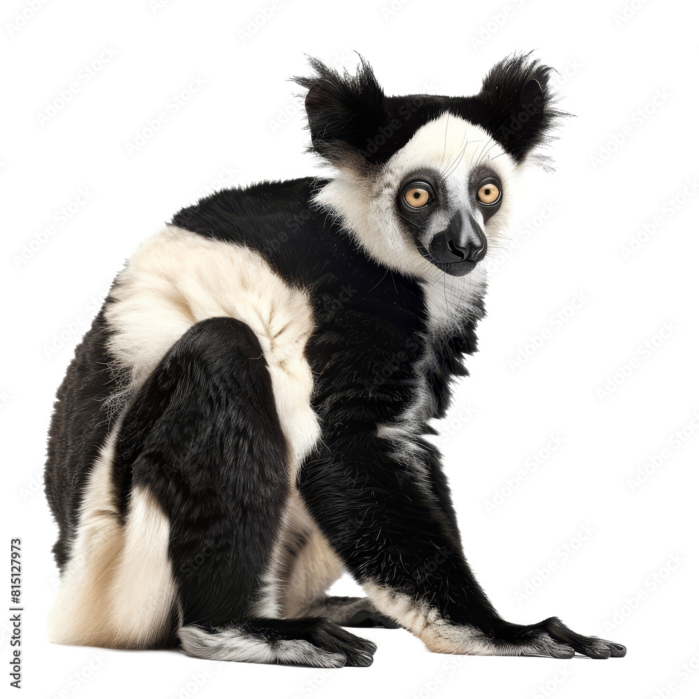 A black and white lemur sits in front of a plain white backdrop, a indri isolated on transparent background A black and white lemur sits in front of a plain white backdrop, a indri isolated on transparent background