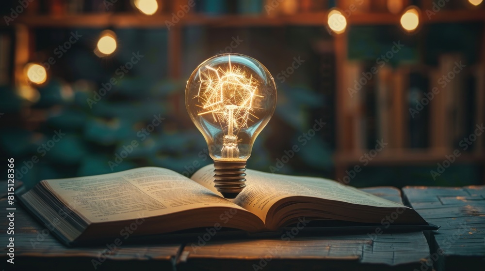 Bright light bulb on the open book for smart idea learning concept ...