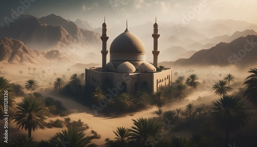 Dark dramatic illustration of a mosque in a oasis during a dust storm