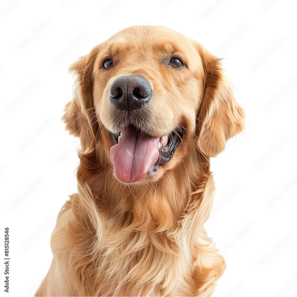 A golden retriever dog happily seated against a plain white backdrop, a joyful Golden Retriever dog on a transparent background A golden retriever dog happily seated against a plain white backdrop, a joyful Golden Retriever dog on a transparent background