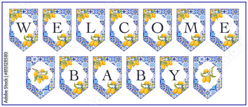 Amalfi coast baby shower printable cards, vector.