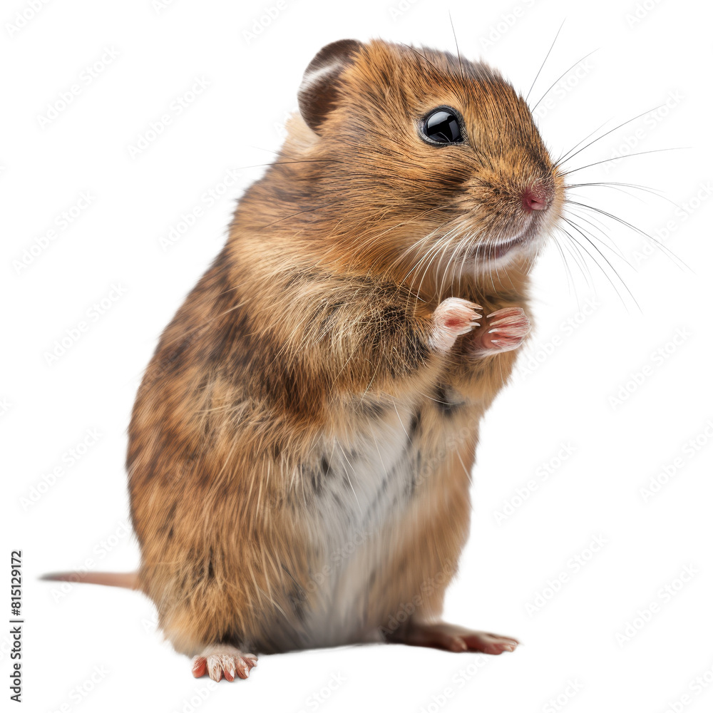 A hamster is upright on a plain white surface, a lemming isolated on transparent background A hamster is upright on a plain white surface, a lemming isolated on transparent background