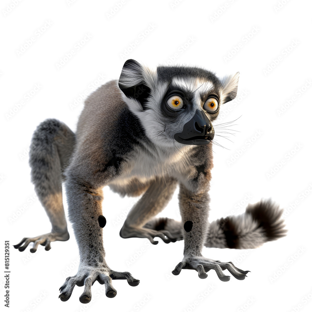 Naklejka premium A ring-tailed lemur stands on a plain Png background, showcasing its distinctive black and white striped tail, a lemur isolated on transparent background
