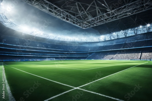 Grand day illuminates the empty soccer arena  awaiting the roar of the crowd.