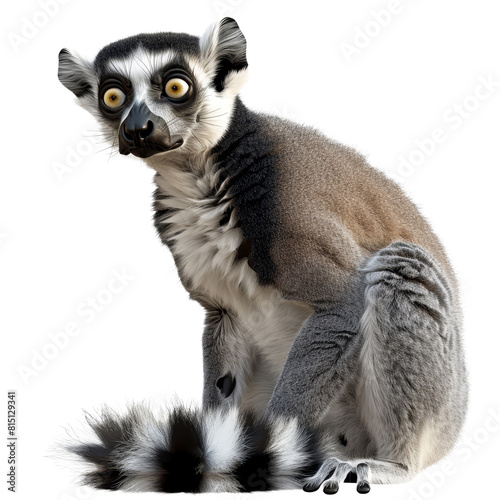 A ring-tailed lemur sits in front of a plain Png background, a lemur isolated on transparent background © Iftikhar alam