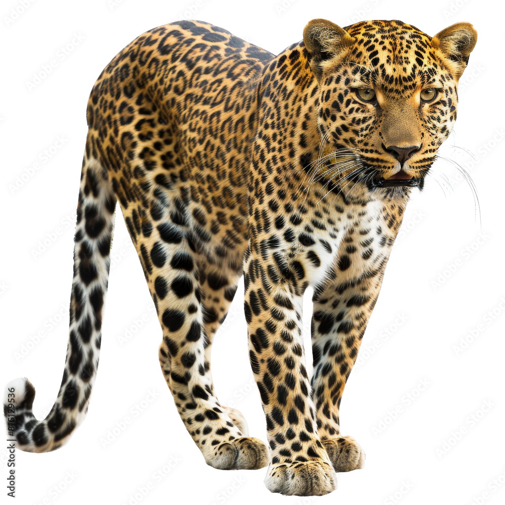 A leopard confidently strides across a Png background, a leopard isolated on transparent background A leopard confidently strides across a Png background, a leopard isolated on transparent background