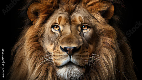 Portrait of majestic lion with intense gaze on black background. Generative ai