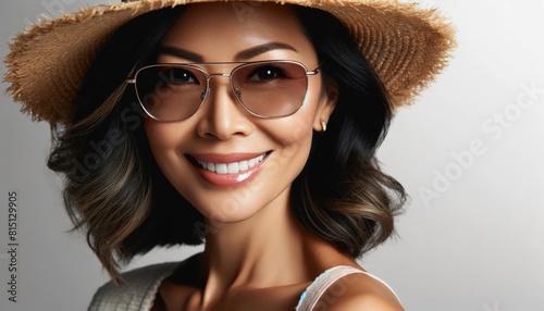 Close-up portrait of an elegant Asian woman wearing a straw hat and stylish glasses. 