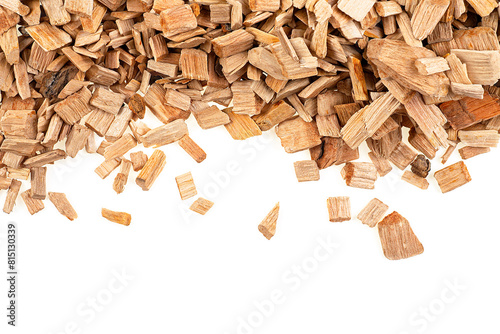 Pile of wood chips for flavoring barbecue and grilled foods isolated on a white background, view from above.