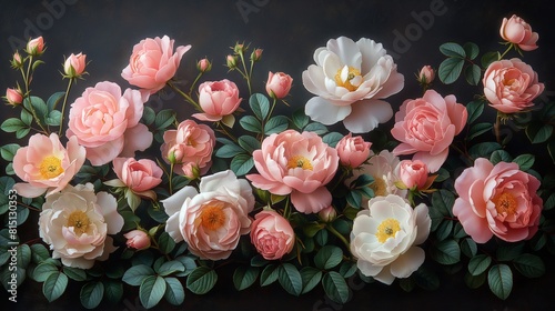 A vintage-inspired header adorned with a profusion of pink peonies and white roses  each petal delicately rendered against a timeless black background   8k clarity