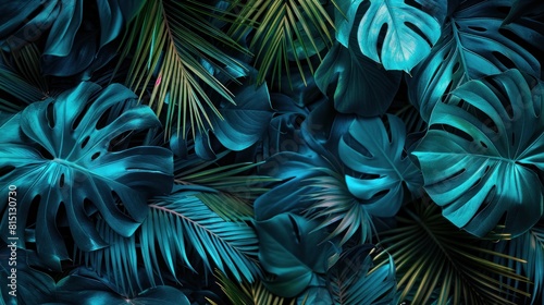 Tropical jungle leaves flat lay with blue green neon colors tones. Generated AI image