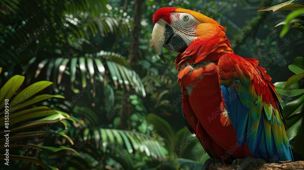  A parrot squawking from a rainforest canopy, vivid plumage among lush leaves.