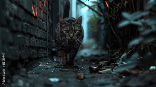  A cat hunting in the shadows of an alley, urban wildlife surviving. photo