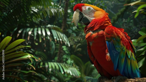  A parrot squawking from a rainforest canopy, vivid plumage among lush leaves.