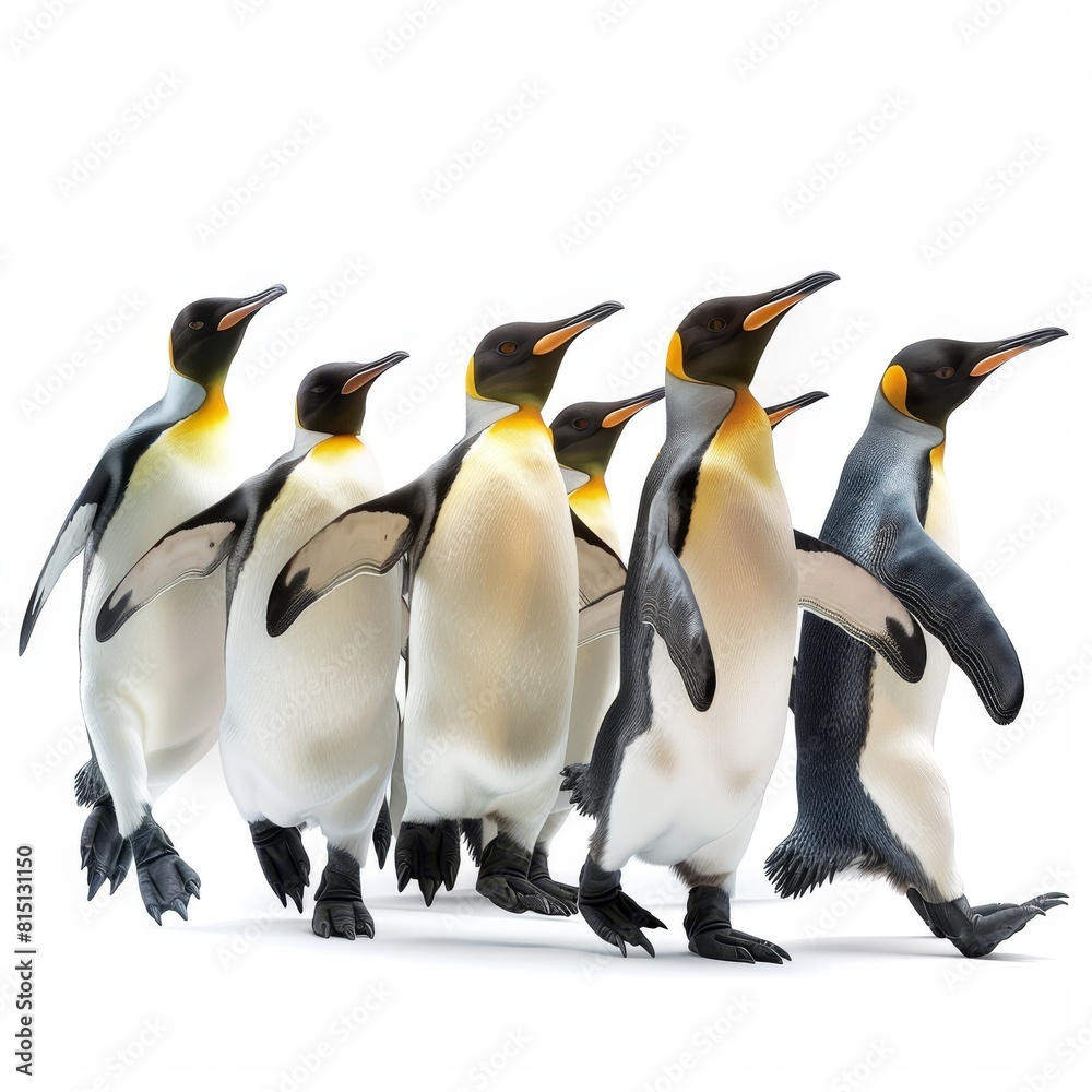 Fototapeta premium Group of five king penguins walking together on a white background
