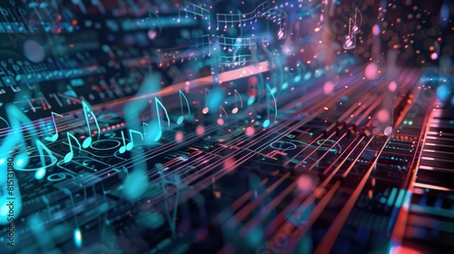  AI composing symphonic music, notes flowing across a digital interface, serene setting.