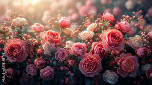 Delicate pink peonies and pristine white roses come together in a captivating floral banner  their beauty immortalized in exquisite detail against a backdrop as dark as midnight  it in 8k resolution