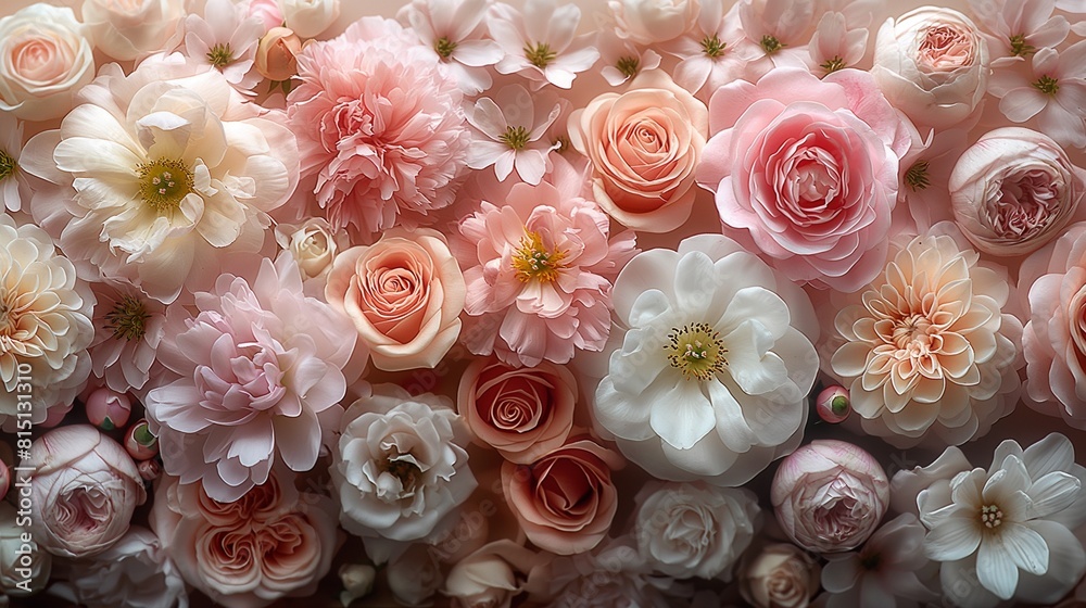 Delicate pink peonies and pristine white roses arranged in a vintage-inspired banner, exuding an aura of romance and sophistication in stunning 8k detail