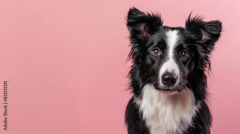 Funny border collie dog looking at camera isolated on pink pastel background. Generated AI image