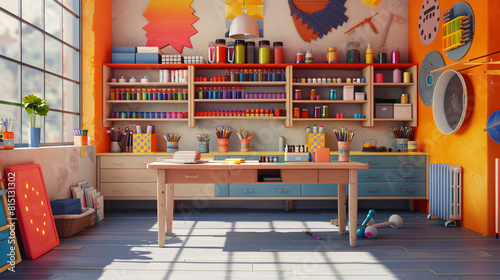 Crafting Oasis: Vibrant Craft Room with Organized Materials and Inspiring Decor