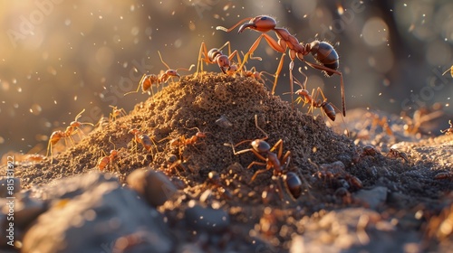  Ants building a hill, teamwork in action, sandy soil.