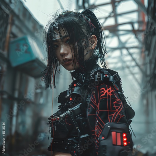 Intertwine fashion trends with dystopian themes by depicting a model adorned in edgy