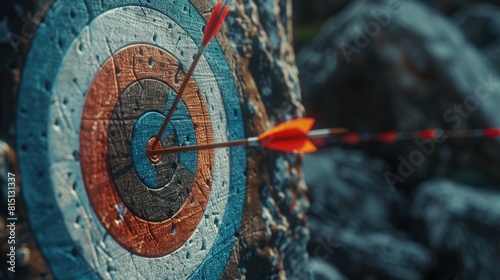  Archery target and arrows, precision sport, detailed focus, competition setting .