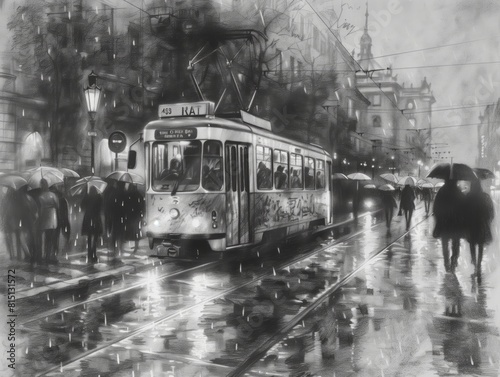 A black and white pencil drawing of a tram in Prague, with people with umbrellas standing on rain-soaked streets, wet asphalt reflecting light from street lamps, 