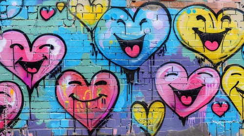 a row of heart-shaped graffiti