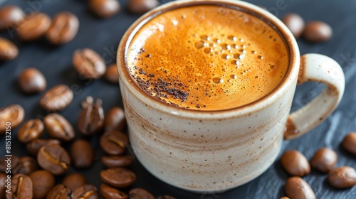  A close-up of a cup of coffee on a table with coffee beans spread around it