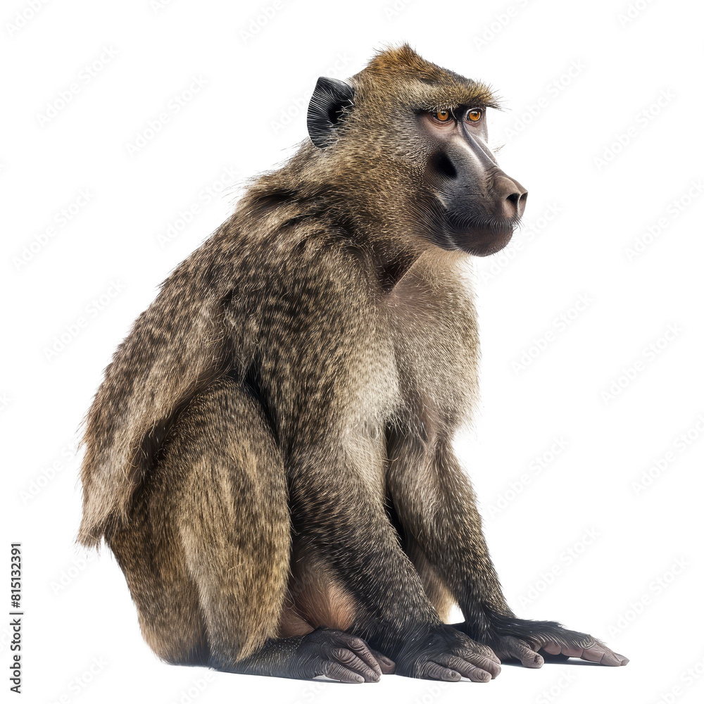 An olive baboon is seated in front of a plain white backdrop, a olive baboon isolated on transparent background An olive baboon is seated in front of a plain white backdrop, a olive baboon isolated on transparent background