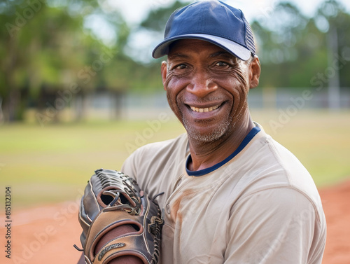 Headshot portrait of an older black man softball player. Looking at camera with a smile.