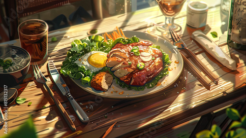 anime illustration  chicken lunch  illustration  food